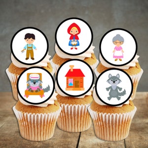 Adornos comestibles redondos para cupcakes de Caperucita Roja: decoraciones para tartas con temática de cuento de hadas