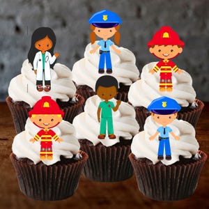 Eetbare cupcaketoppers thema nooddiensten - politie, brandweerman Taartversieringen