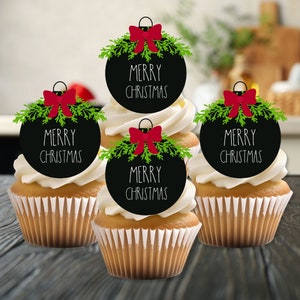 Adornos comestibles para cupcakes con forma de bolas navideñas - Adornos festivos para tartas con obleas