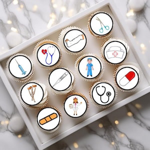 Décorations de cupcakes comestibles thème infirmière + médecin - biscuits thème hôpital + décorations de gâteau