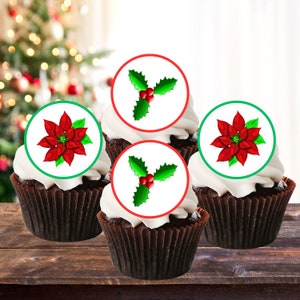 Decorazioni per cupcake commestibili agrifoglio e stella di Natale - Decorazioni per torte e biscotti festivi