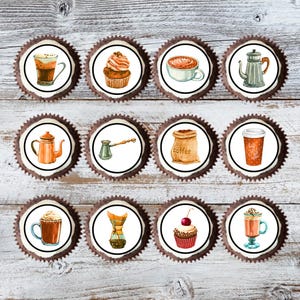 Toppers per cupcake commestibili a tema caffetteria - Decorazioni per torte a tema caffetteria