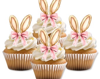 Adornos comestibles para cupcakes con orejas de conejo y lazo rosa: decoraciones para pasteles con temática de Pascua y primavera de Coquette Aesthetic