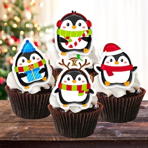 Schattige pinguïn-cupcaketoppers - eetbare kersttaartdecoratie