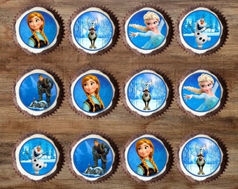 48 Frozen Edible Mini Cupcake Toppers - (PRECUT Optional) wafer card disc Cake Pop, Cookies, Oreos decorations Stand Up/Lie Flat