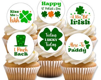Adornos comestibles para cupcakes del Día de San Patricio, frases irlandesas y decoraciones de trébol.