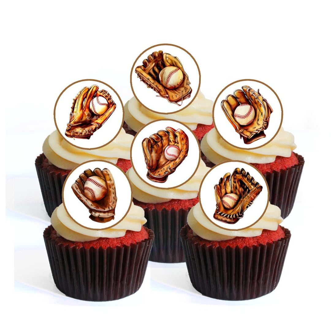 24 Baseball Cupcake Toppers PRECUT Optional Baseball Glove Theme Wafer ...