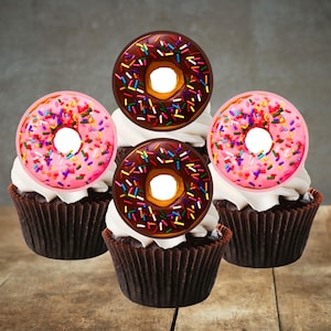 Toppers per cupcake commestibili con ciambelle di zucchero - Decorazioni per torte a tema ciambelle di zucchero