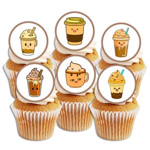 Eetbare cupcaketoppers Kawaii koffie - koekje en taartversieringen schattig drankje The