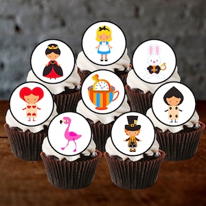 Adornos comestibles para cupcakes con temática de Alicia en el país de las maravillas: decoraciones para tartas con obleas