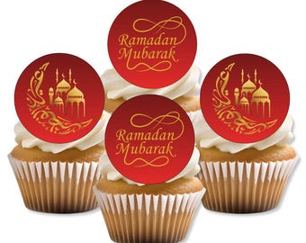 Adornos comestibles para cupcakes con el Ramadán Mubarak rojo, decoraciones islámicas doradas para el Ramadán.