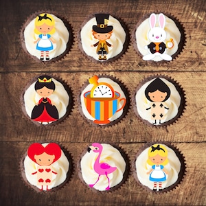 Alice Theme Edible Cupcake Toppers - Wonderland Wafer Cake Decorations