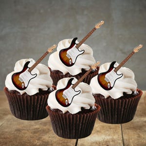 Eetbare cupcaketoppers elektrische gitaar - Rockband Theme Cake Decorations