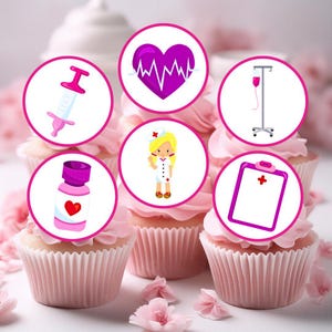 Decorazioni per cupcake commestibili con infermiere e dottoresse rosa - decorazioni rotonde per torte e biscotti n. 6