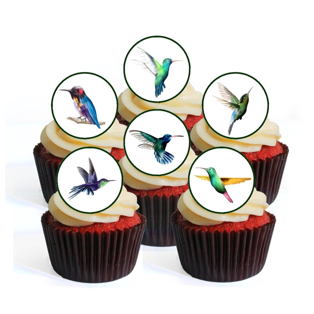 24 Hummingbirds Edible Cupcake Toppers PRECUT Optional Hummingbird Theme Wafer Card Disc Cake