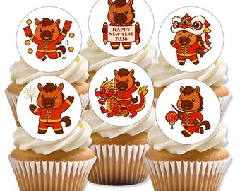 Adornos comestibles para cupcakes de Año Nuevo Chino, con un caballo adorable, para decorar tartas de oblea 2026