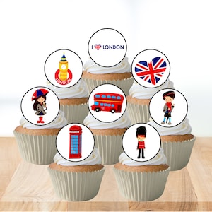 Toppers de cupcake comestíveis de Londres - Decorações de bolo de cartão de wafer com tema do Reino Unido