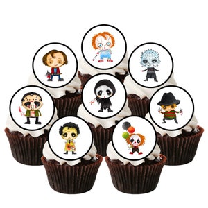 Eetbare Halloween-horror-cupcaketoppers - horrorfilmthema Wafeltaartdecoraties