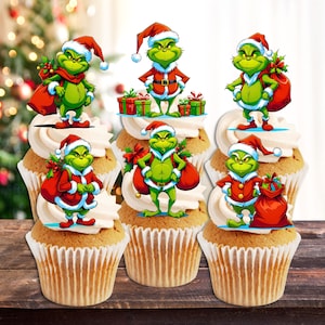 Grin-ch Edible Cupcake Toppers - Christmas Movie Themed Cake Decorations