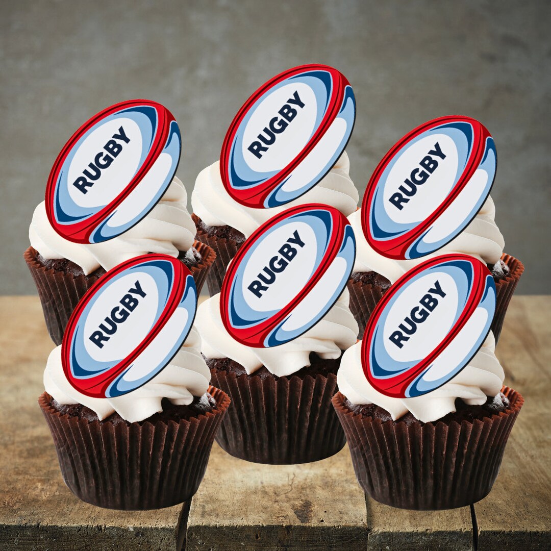 Edible Rugby Ball Cupcake Toppers PRECUT Optional Rugby Theme 1 Premium