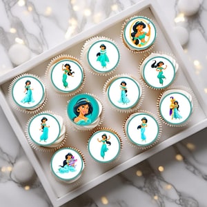 Adornos comestibles para cupcakes con temática de la princesa Jasmine - Decoraciones para tartas de Aladdin