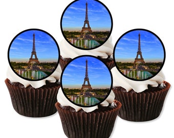 Eiffel Tower Paris Edible Cupcake Toppers -  France Theme wafer Cake Decorations #1