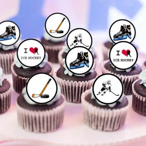 Toppers de cupcake comestíveis de hóquei no gelo - Decorações de bolo com tema esportivo