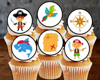 May include: Six cupcake toppers with a pirate theme. The toppers feature a pirate, a parrot, a compass, a shark, a treasure map, and a pirate holding a sword and a pistol.