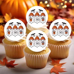 Toppers de cupcake comestíveis de fantasmas de café de Halloween - Decorações de bolo de disco de cartão de wafer