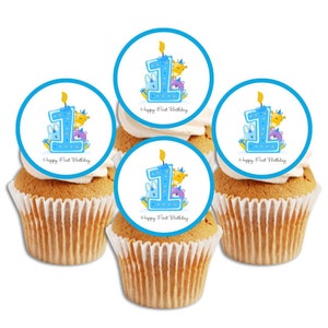 Adornos comestibles para cupcakes de primer cumpleaños: decoraciones para tartas azules