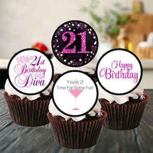 Essbare Cupcake Toppers - 21st Birthday Diva Essbare Cupcake Toppers - Rosa Kuchendekorationen