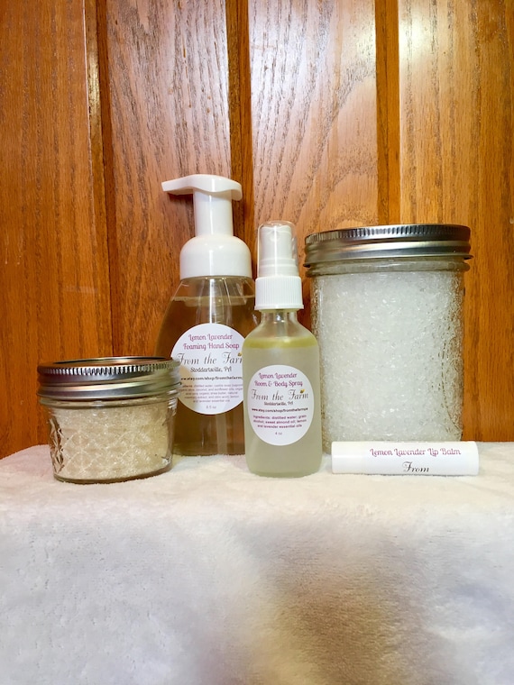 Luxury Spa Gift Set All Natural, Organic Exfoliating Sugar Scrub Foaming Hand  Soap Room/body/linen Spray Lip Balm and Bath Salts. 