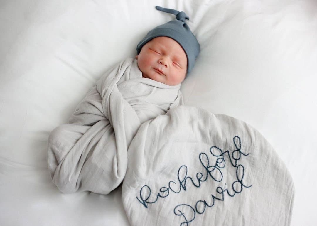 Hand Embroidered Baby Name Swaddle // Muslin Blanket //Name Announcement // Birth Announcement // Gender Reveal // Newborn Photos // Gift
