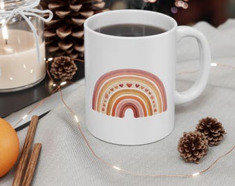 Retro Rainbow Ceramic Mug, Boho Cottagecore Coffee Cup