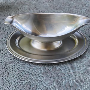 Vintage Guy Degrenne stainless steel sauceboat with base, French tableware, retro tableware