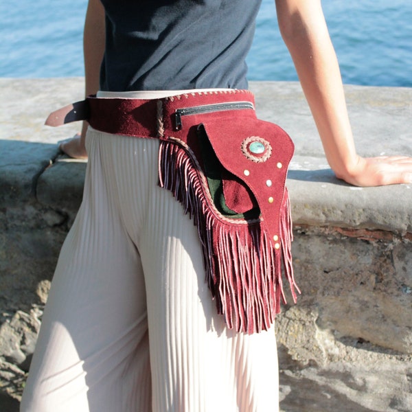 Sac banane en cuir hippie Boho - sac ceinture avec franges et pierre précieuse chrysocol