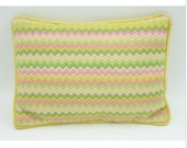 Vintage Needlepoint Pillow Yellow Pink Green Chevron Stitch 15 quot x 10 quot