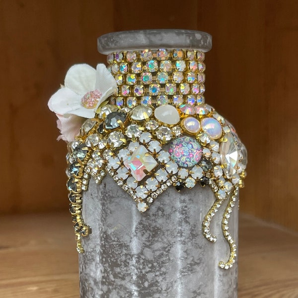 Glitzer Funkel Vase mit Strass Deko grau schwarz