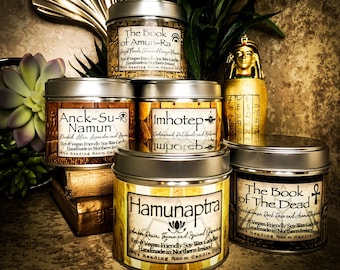 The Egyptian Collection-Mummy Inspired 5 x 200ml Pure Soy Wax Candles- Book of Amun Ra, Anck-su-Namum, Imhotep, Hamunaptra, Book of the Dead