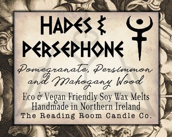 Hades and Persephone-Pure Soy Wax Melts-Greek Mythology Inspired- 100g pack of 6- Pomegranate, Persimmon & Mahogany Wood- Large, Strong