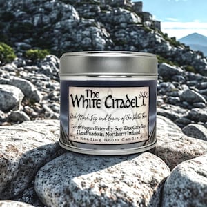 Vela de cera de soja The White Citadel / Aroma a higo, almizcle y hojas verdes / Vela real inspirada en la fantasía / Vela de soja vegana con mecha de madera / Hecha a mano