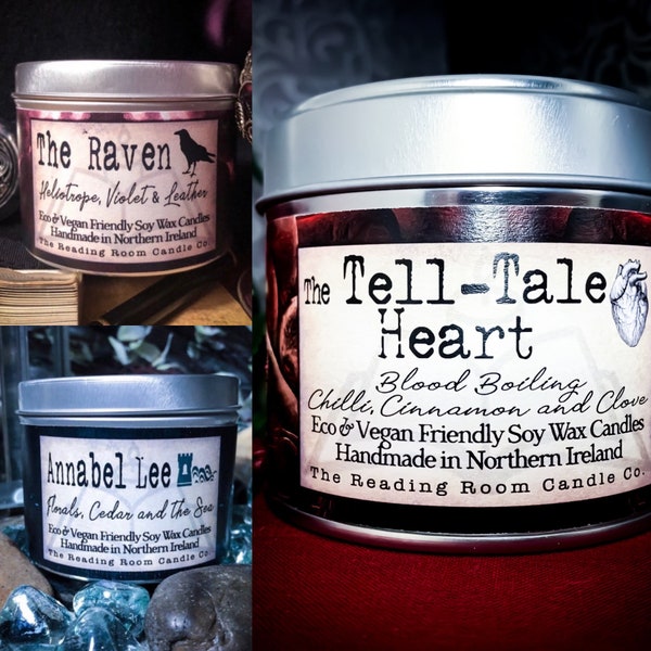 The Poe Collection- 3x 200ml Candles inspired by Edgar Allan Poe-Gothic Macabre/Book- Annabel Lee, The Raven, Tell Tale Heart