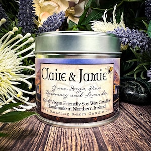 Claire en Jamie- pure sojawas handgemaakte kaars- geur van de Schotse Hooglanden- groene salie, dennen, rozemarijn en lavandin