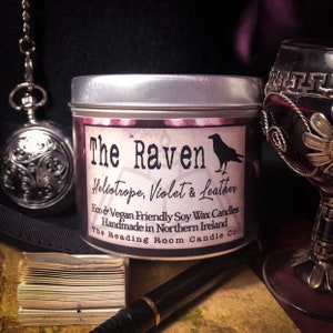 The Raven *Edgar Allan Poe Inspired Soy Wax Candle* Gothic Romance/Bookish- Heliotrope, Violet & Leather