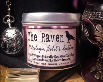 The Raven *Edgar Allan Poe Inspired Soy Wax Candle* Gothic Romance/Bookish- Heliotrope, Violet & Leather