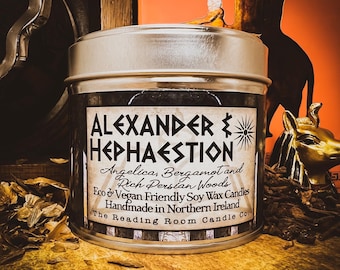 Alexander and Hephaestion-Pure Soy Wax Candle-Greek/Mythology/Romance Inspired- Angelica, Bergamot and Rich Persian Woods