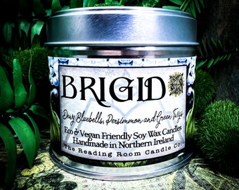 Brigid- Irish Book/Mythology Inspired Pure Soy Wax Candle- Dewy Bluebells, Persimmon and Green Twigs