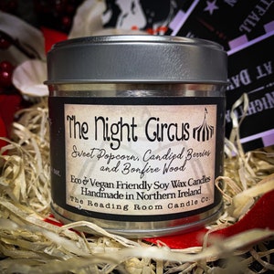 The Night Circus- Book Inspired Pure Soy Wax Candle * Sweet Popcorn, Candied Berries and Bonfire Wood