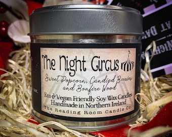 The Night Circus- Book Inspired Pure Soy Wax Candle * Sweet Popcorn, Candied Berries and Bonfire Wood