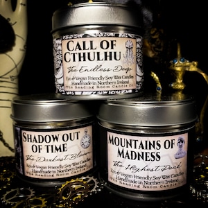 The Lovecraft Trio-3 HP Lovecraft/Gothic/Steampunk Literature Handmade Soy Wax Candles- Cthulhu, Mountains of Madness, Shadow Out of Time